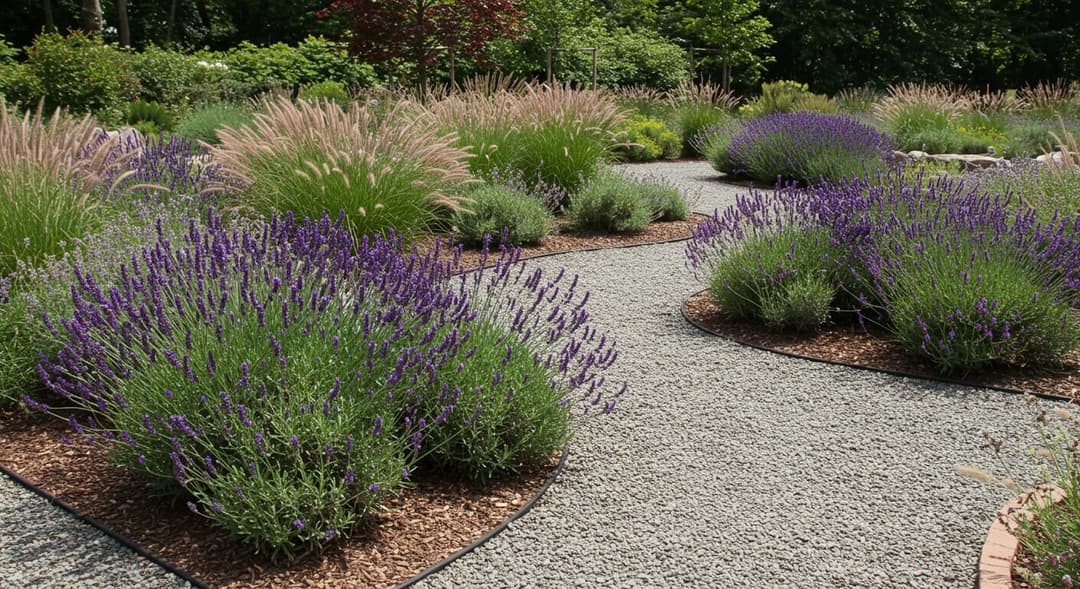 Ankara'da xeriscape kurakçıl bahçe: lavanta, kekik ve sedum ile mulçlu taşlı bahçe düzenlemesi
