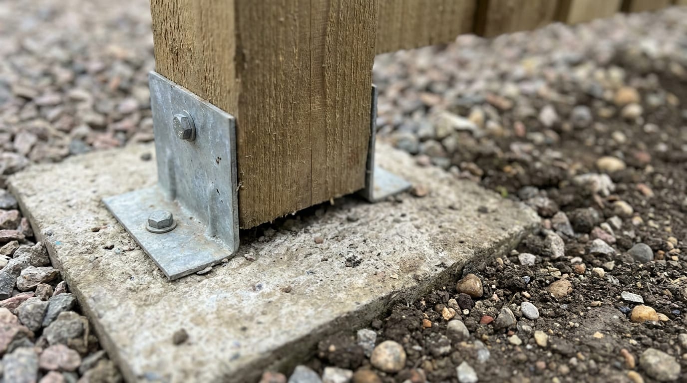 Ahşap çit direğinin galvaniz metal pabuç içinde zeminden yükseltilmiş dip detayı