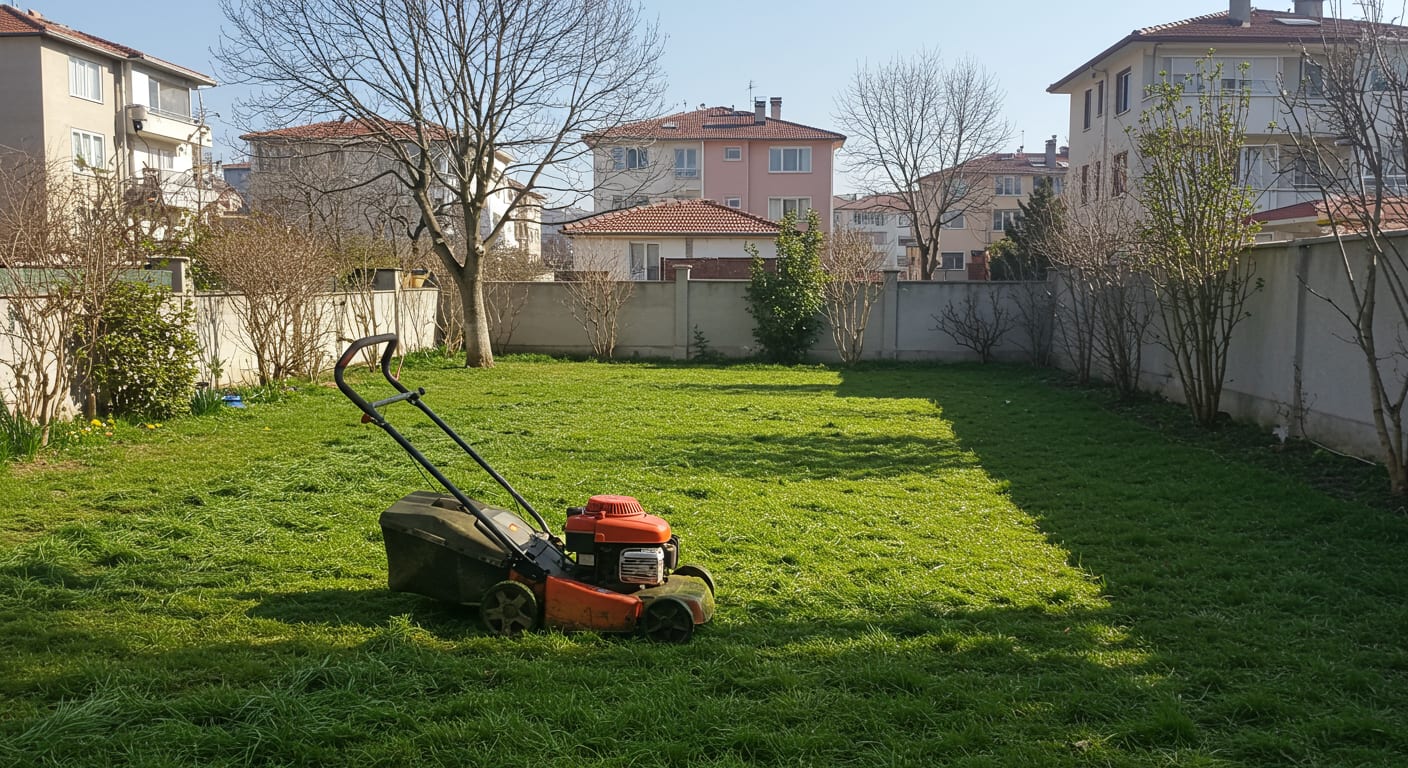 İlkbaharda bahçede ilk çim biçme ve toprak hazırlığı