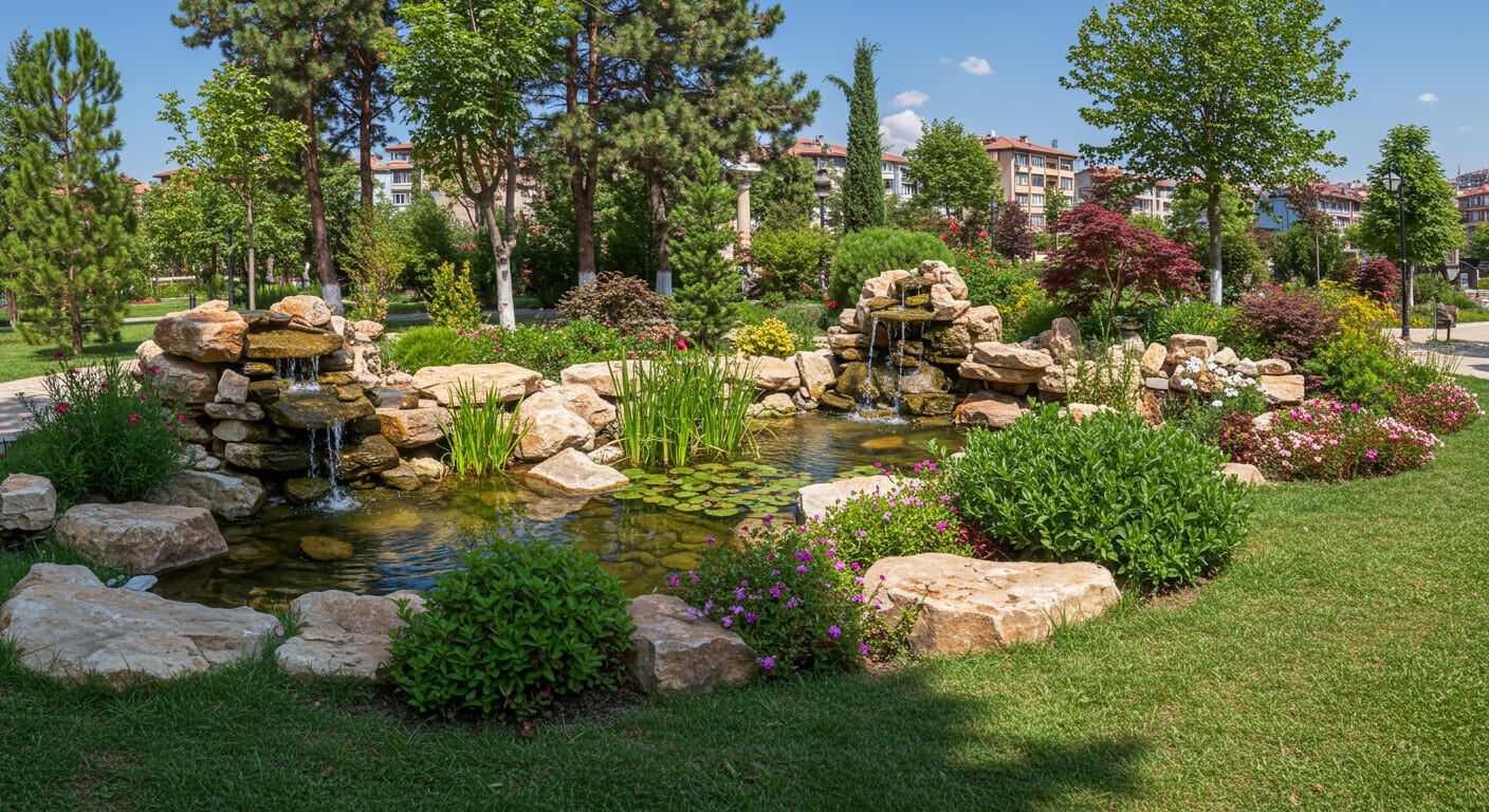 Villa bahçesinde dekoratif gölet ve su öğesi tasarımı