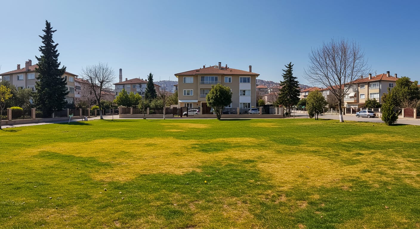Azot eksikliğinden soluk sararmış çim alanı