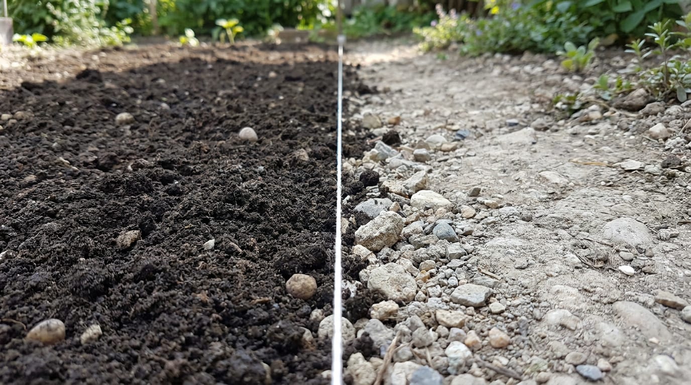 Hat boyunca zeminin değiştiği nokta: bir yanda toprak, diğer yanda taşlı dolgu