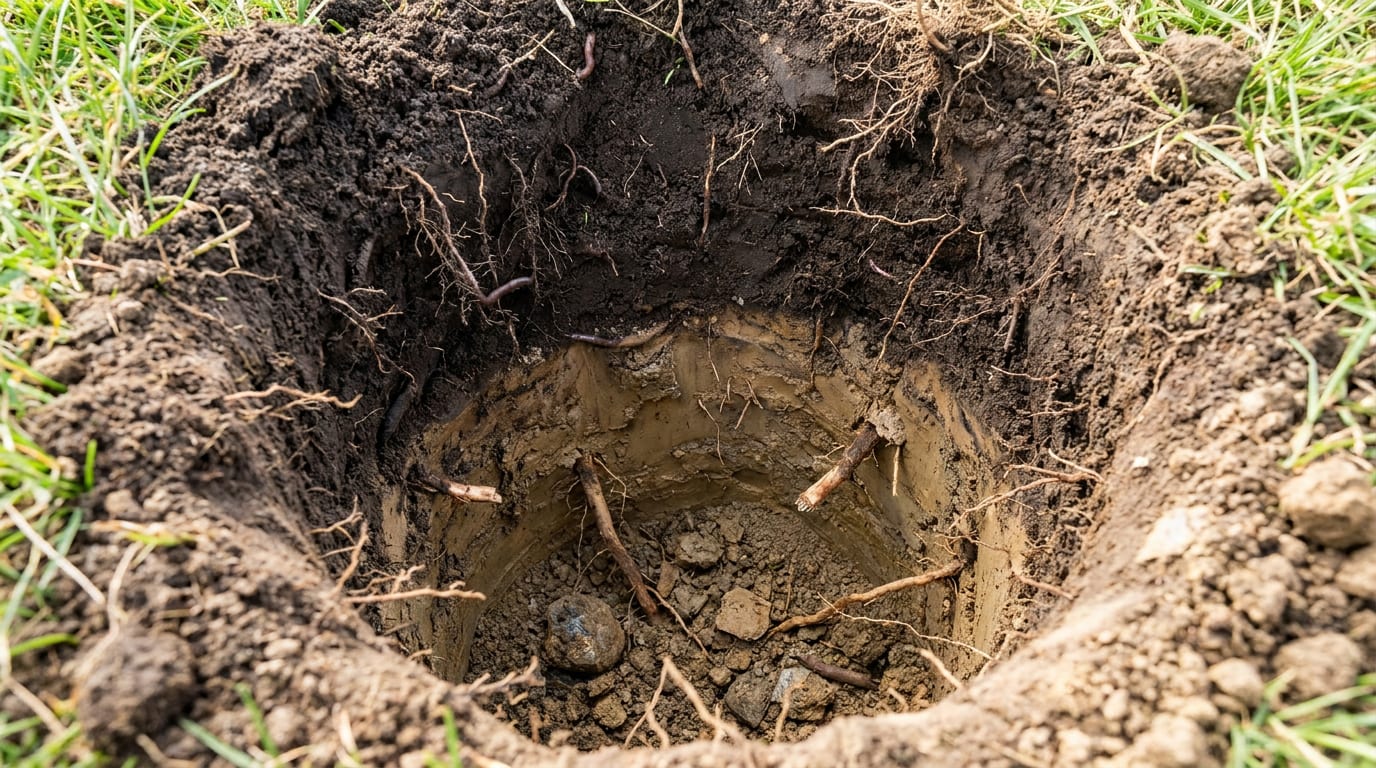 Açılmış çit direği çukurunda üst toprak ile altındaki sıkı katmanın farkı