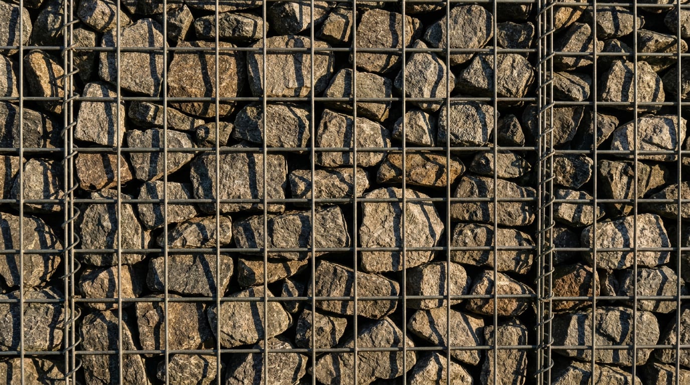 Gabion sepetinin görünen yüzünde elle dizilmiş köşeli taşlar