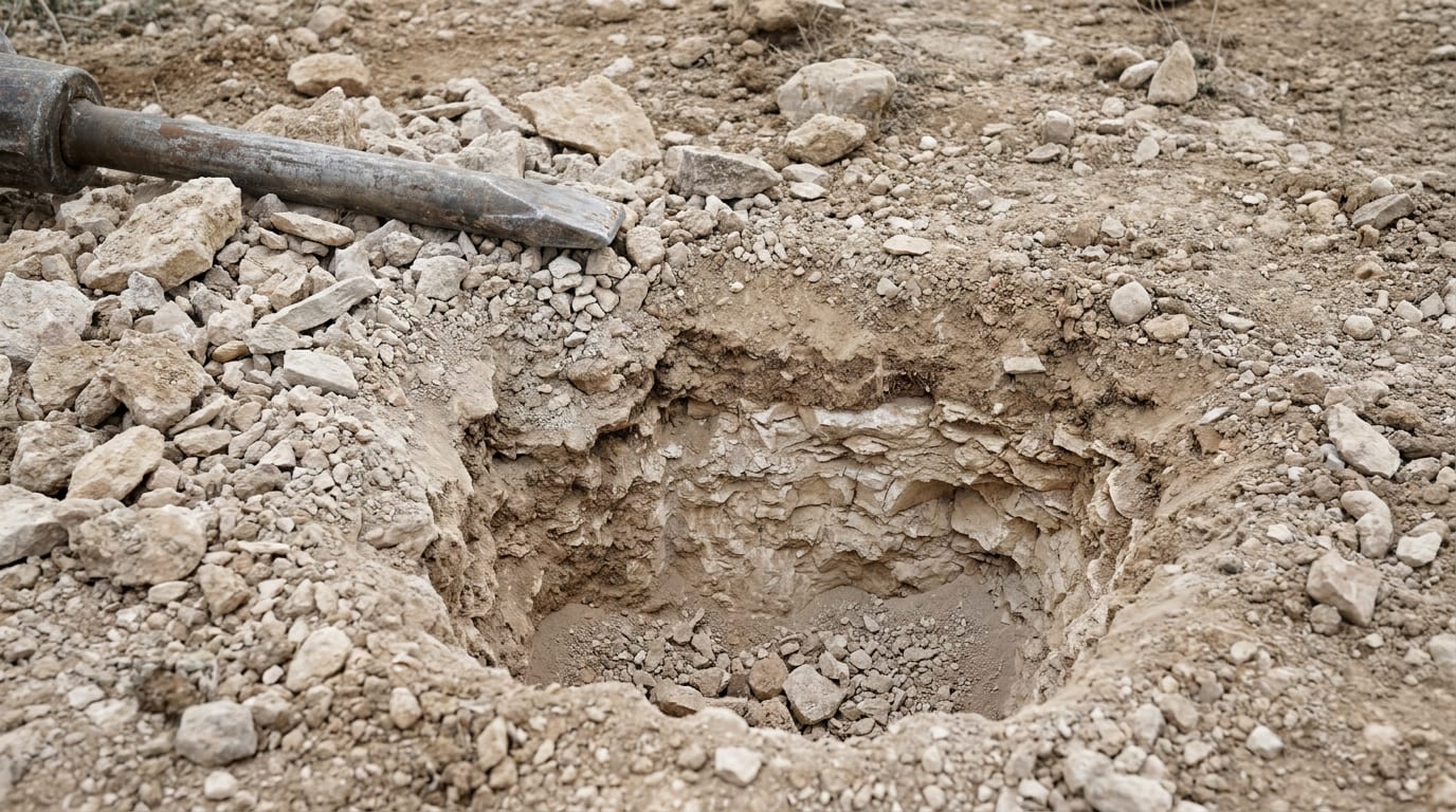 Kayalık zeminde açılmış çit direği çukuru; taş katmanı ve kırıcı ucu görünür halde