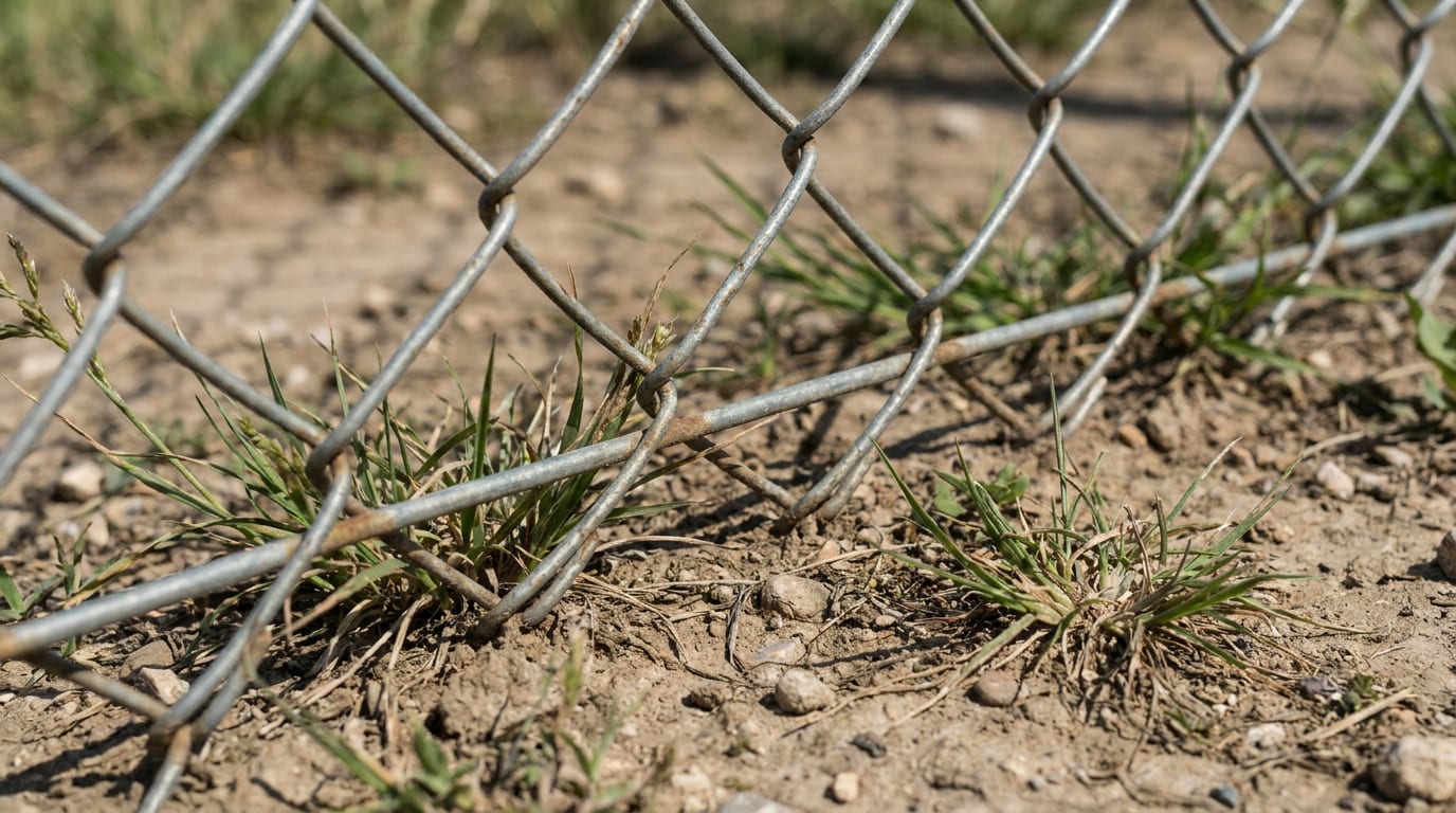 Tel örgü hattının alt kenarında zemine sabitlenmiş alt gergi teli