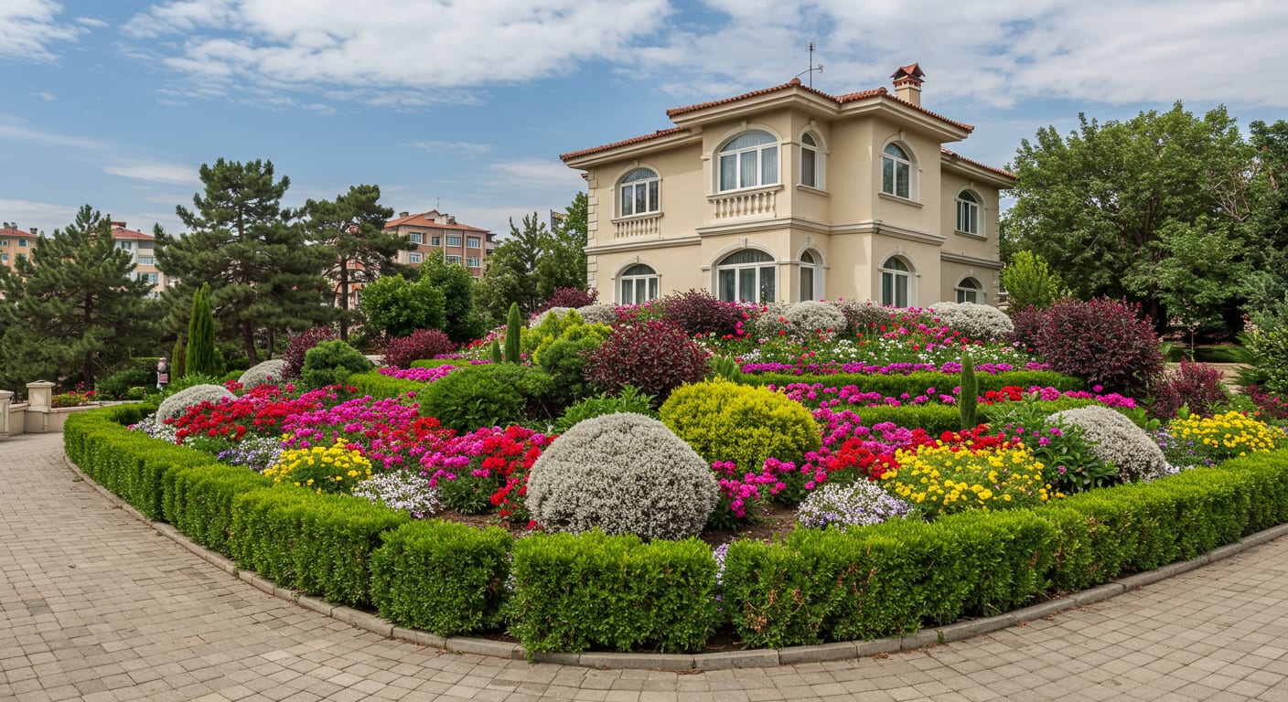 Villa bahçesinde yapı bitkileri ve renk katmanı seçimi