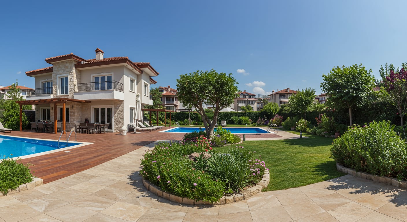 Villa bahçesinde havuz çevresi peyzaj düzenlemesi